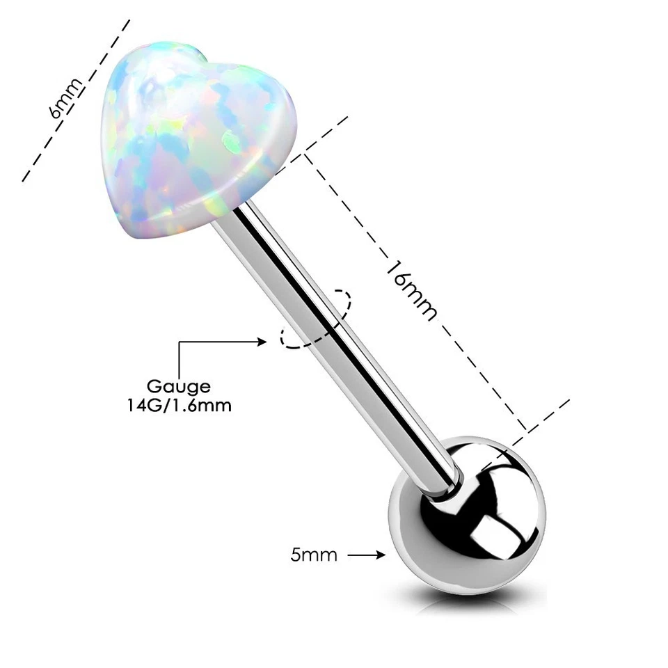 Anillo Lengua Titanio Corazón Ópalo 14G 16mm Cuerpo Roscado Interno Piercing Joyería Foto 2 de 4