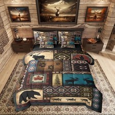 Rustic Cabin 7 Pieces Bedding Set Size,Hunting Bear King Patchwork Brown Teal