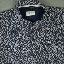 Ted Baker Polo Shirt Mens Medium Blue White Geometric Print Short Sleeve Pocket