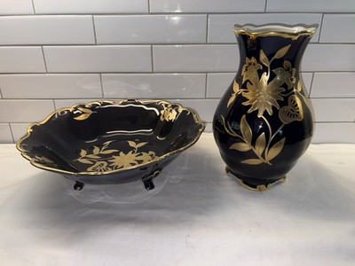 Graf Von Henneberg Echt Kobalt  JLMENAU Footed Bowl & 8  Vase Cobalt Blue Gold