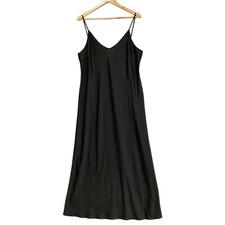 Uniqlo Dress Womens XL Black Satin Slip Maxi Sleeveless V Neck Formal Party
