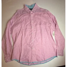 BLUE Saks Fifth Avenue XXL Pink Linen Shirt Mens Slim Fit Long Sleeve Casual
