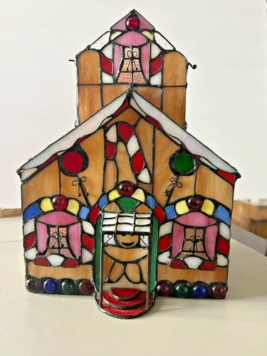 Vintage Tiffany Style Stained Glass Light Up Gingerbread House 2001 Candy