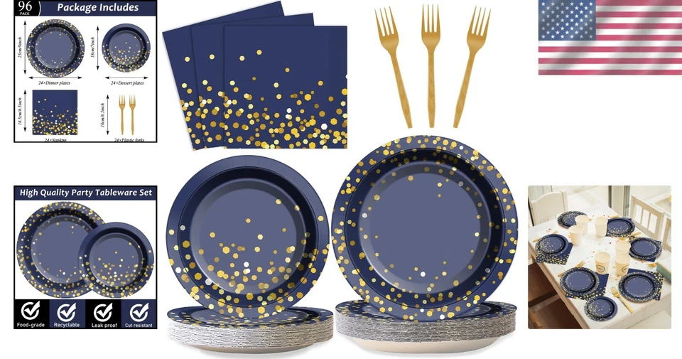 Одноразовая посуда из 96 предметов синее золото для свадеб и дней рождения - Изображение 2 из 4
