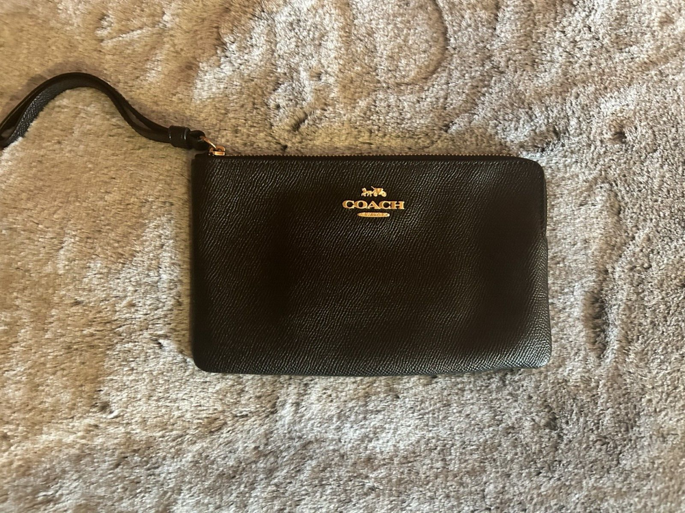 COACH Corner Zip Wristlet in Black with Gold Trim