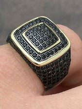 Mens Real 925 Sterling Silver 14k Gold Plated Oxidized Ring Black CZ Iced HipHop
