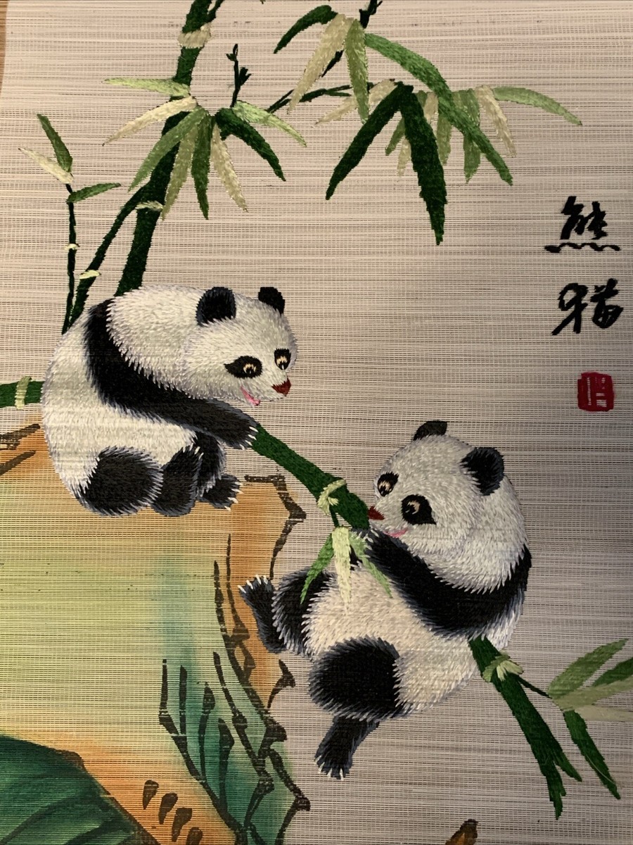 Chinese Bamboo Painting Scroll of Pandas | eBay