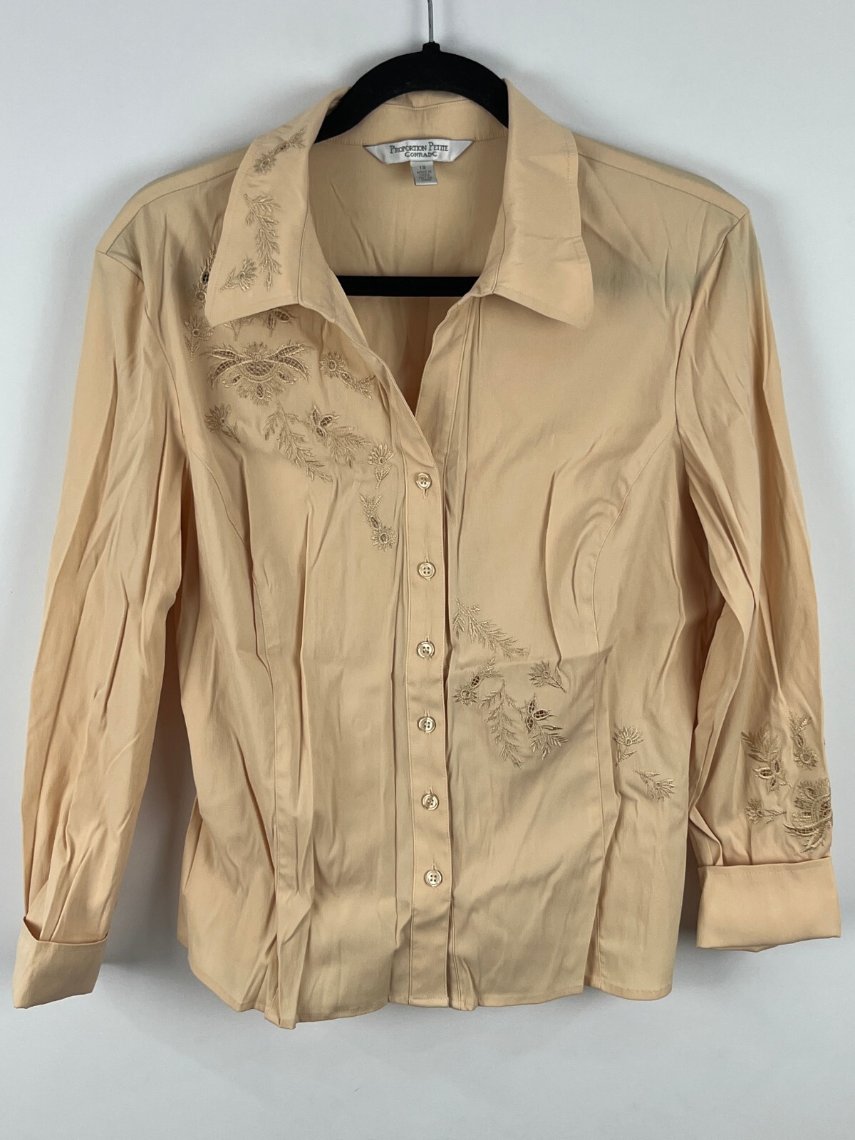 Conrad C Top Blouse Size 12 Beige Floral Long Sleeve Collared Button Down