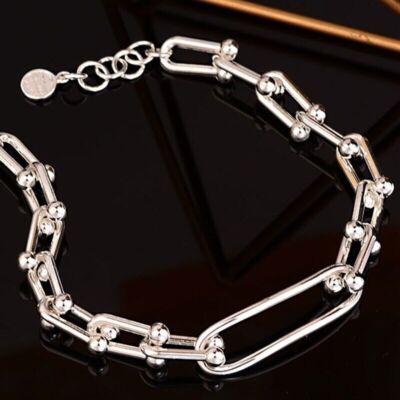S925 Sterling Silver Vintage U-Shape Link Bracelet Unique Trendy Stylish Bangle