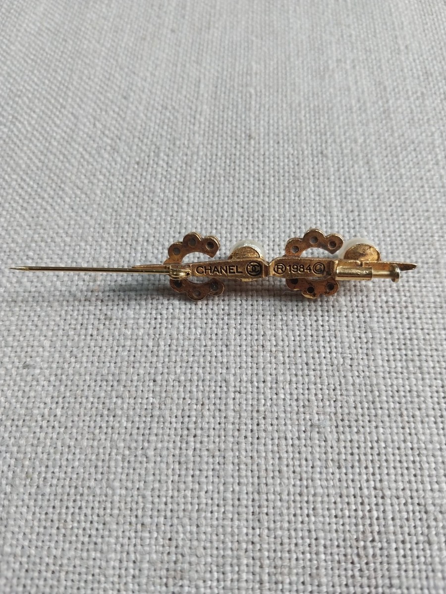 Vintage Chanel Paris 1984 Pearl Crystal Coco Letter Bar Pin Brooch