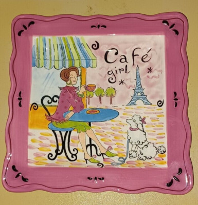 Pair of Cafe Girl Decorative Plates (2) Poodle - Paris France - Eiffel Tower