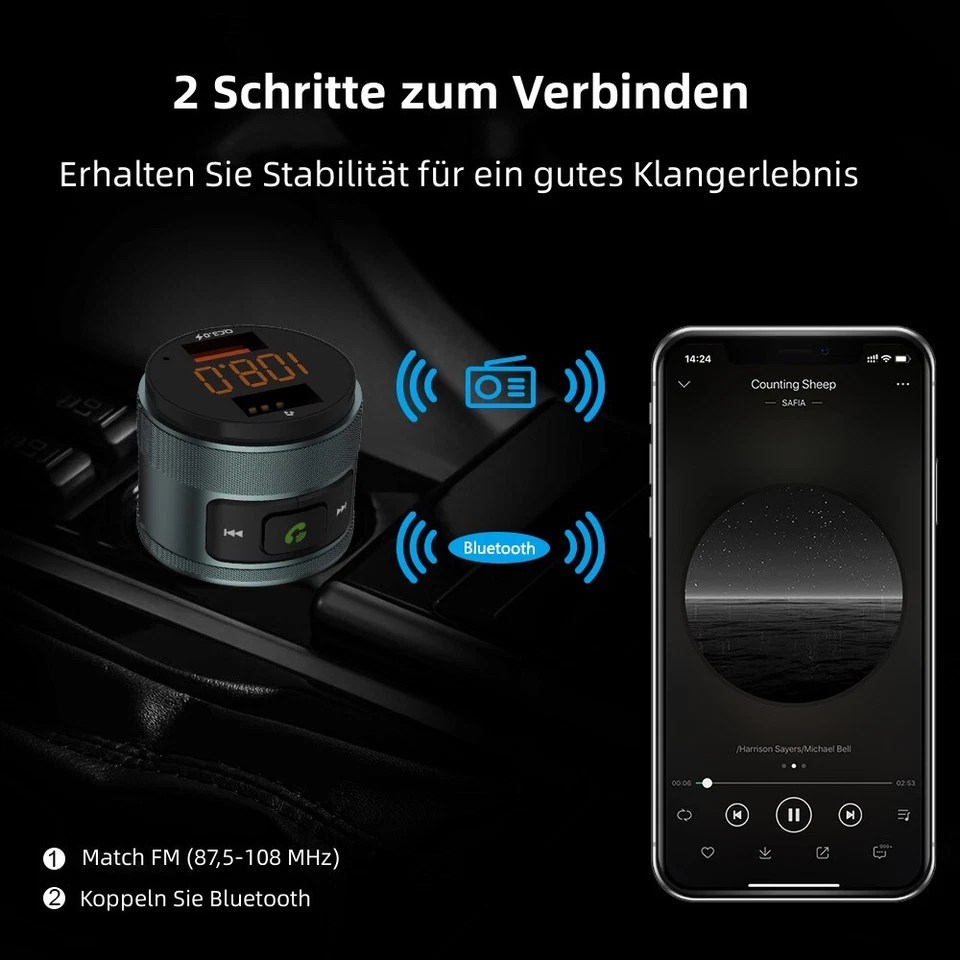 Bluetooth FM Transmitter Auto Radio MP3 Player QC 3.0 Adapter Dual USB Ladegerät - Bild 3 von 4