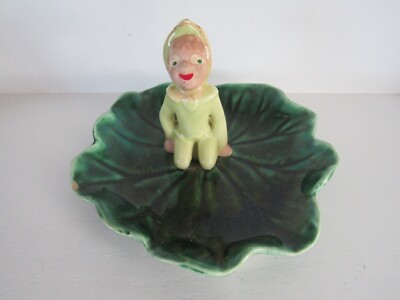 Vintage Pixie Potters Original Light Green Elf Green Leaf Trinket Dish