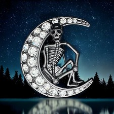 Skeleton Crystal Moon Butler & Wilson Halloween Brooch - Costume Jewellery - 5cm