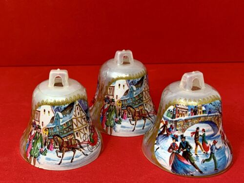 Vintage Christmas BELL WINTER Skating / carriage ride Victorian SET 3 PLASTIC - Picture 1 of 10