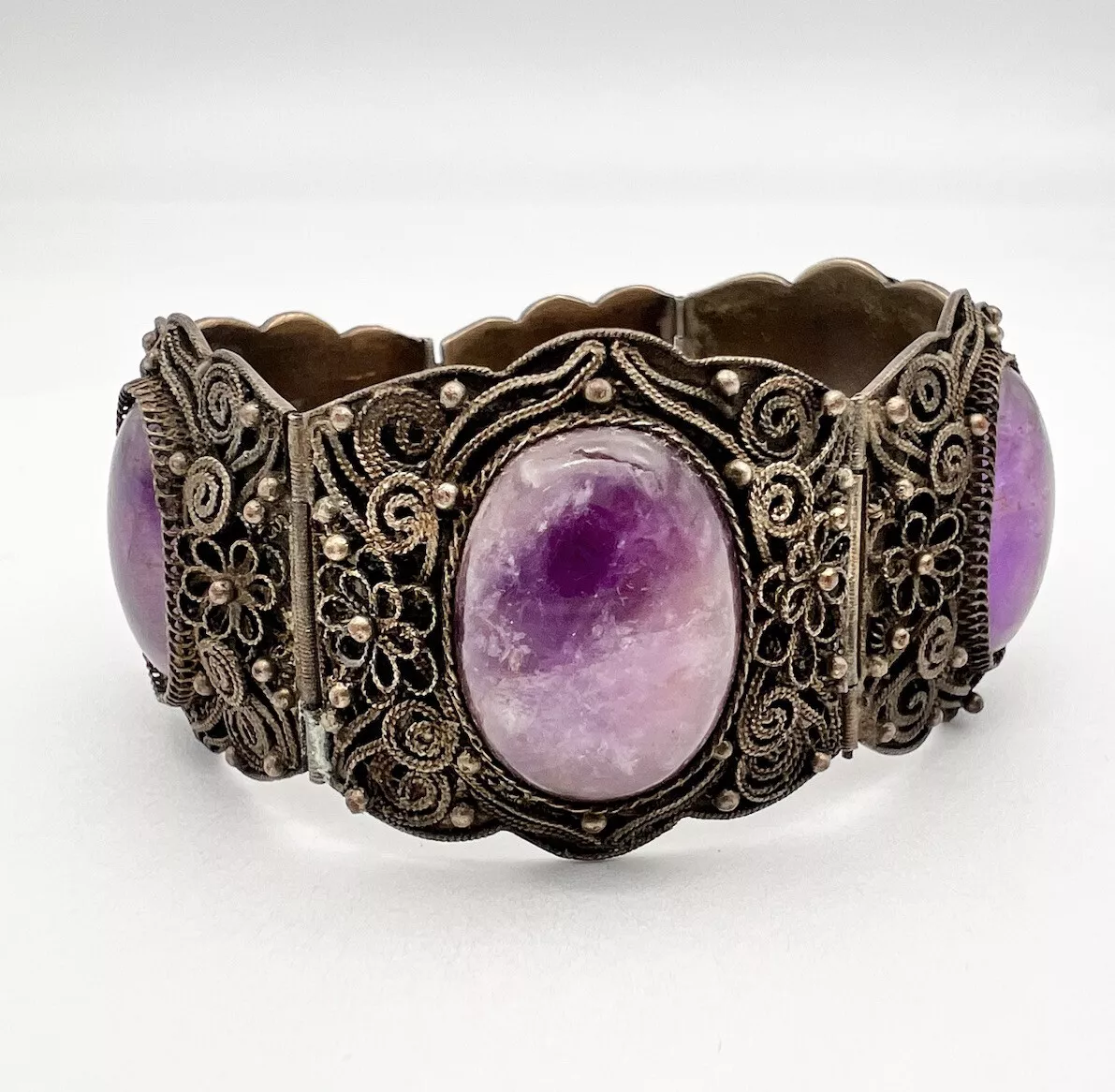 Antique Old Chinese Export Silver & Natural Amethyst Floral