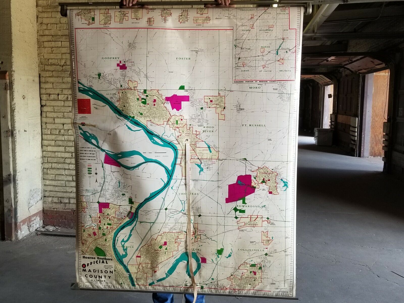 Madison County historical pull down map by Hearne Brothers, vintage