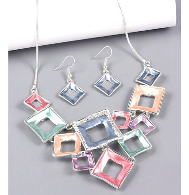 AVIANNA MULTI-COLOR PASTEL GEOMETRIC DESIGNER FASHION NECKLACE & EARRING SET