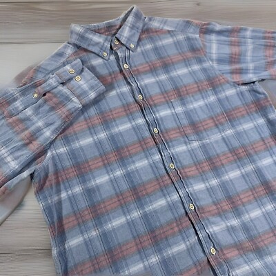 ROWM Flannel Shirt Large Tall Blue Pink Plaid Outdoor Cotton Warm Pocket Button