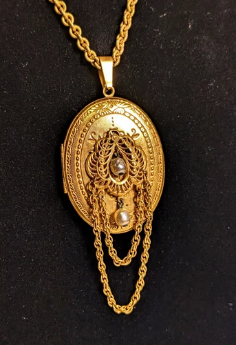 Vintage MIRIAM HASKELL Ornate Locket Swag Necklace Gold Tone Faux Pearls