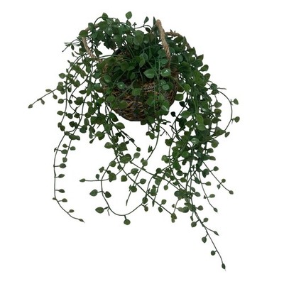 Artificial Trailing Vine Hanging Plant in Woven Gray Tan Basket Jute Rope 18in