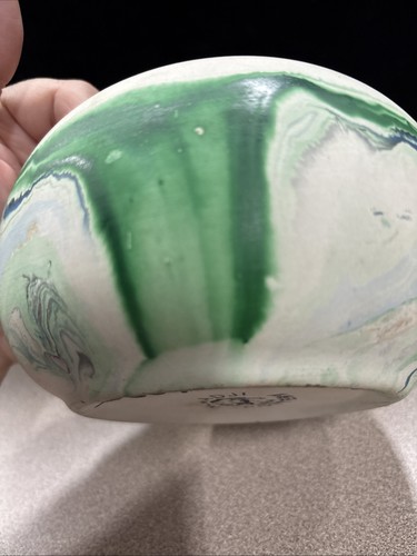 Nemadji Pottery Vintage Planter 3 1/4" Tall x 6” Diameter~Blue & Green Swirl - Picture 8 of 9