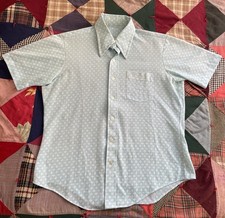 Vintage 60s 70s Disco Shirt Blue Short Sleeve Mod Pattern Dagger Collar Size L