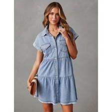 Womens Denim Shirt Flowy Jean Button Tiered Babydoll Mini Dresses Midi Length
