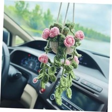 Cute Crochet Hanging Plant for Car Rear View Mirror Rose Pink