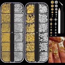 COOSLIM 3D Star Nail Charms, Gold  Silver Multi-Shapes Metallic Nail Art Gems a