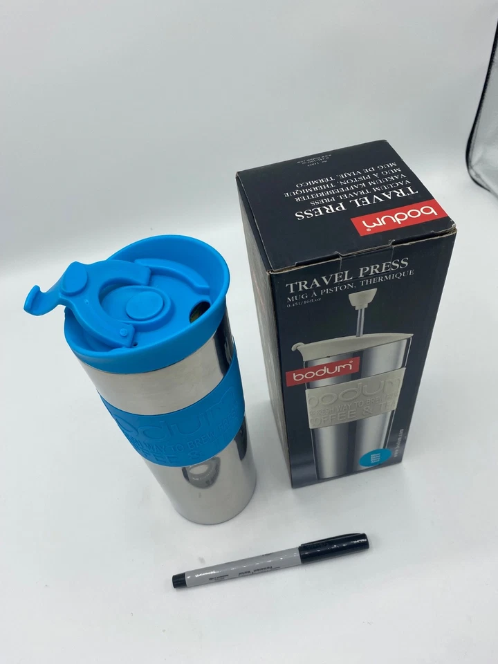 Nuevo-TAZA DE VIAJE GRANDE AZUL 15 oz BODUM ACERO INOXIDABLE/PRENSA FRANCESA ~ envío gratuito Foto 2 de 3