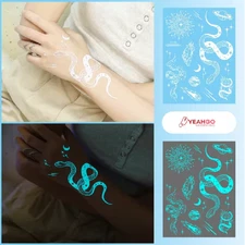 2 Pack of Luminous Temporary Tattoo, Snake Moon Stars Design, Blue Glow in Dark