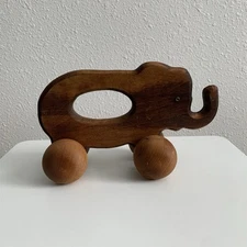 Wooden Handcrafted Elephant Push Rolling Toy Toddler Kids Natural Preschool 