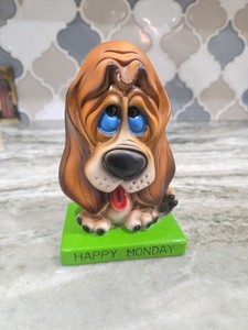 Vintage Ceramic Happy Monday Comic Cartoon Hound Dog Brown Coin Bank Japan