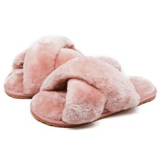 Womens Fuzzy Slippers Plush Memory Foam Cross Band Open Toe Indoor Outdoor