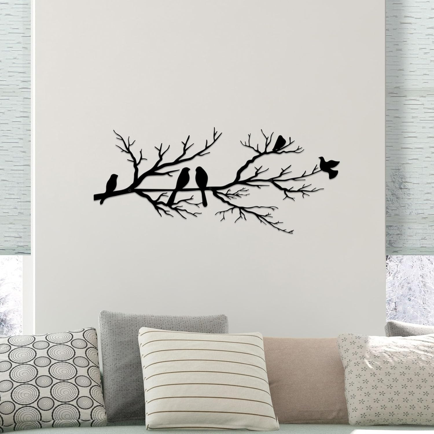 Metal Birds Wall Art, Metal Vivid Birds on Branch Silhouette Wall Decor Black Le