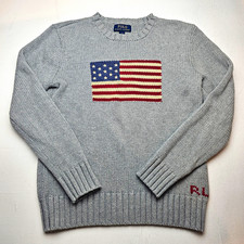 Polo Ralph Lauren USA Flag Gray Cotton Knit Crewneck Pullover Sweater Kids L
