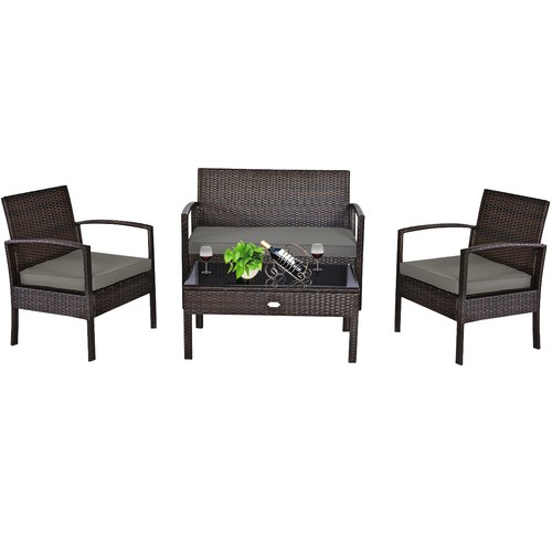 4PCS Outdoor Patio Rattan Furniture Set Cushioned Sofa Coffee Table Deck - Picture 2 of 8
