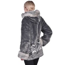 Womens Gray Faux Fur Hooded Washable Coat Satin Lining Fleece Jacket Sm - 2x