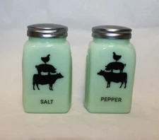 Jade Green Glass Farm Animals Salt & Pepper Shakers Printed Art Deco Arch Retro