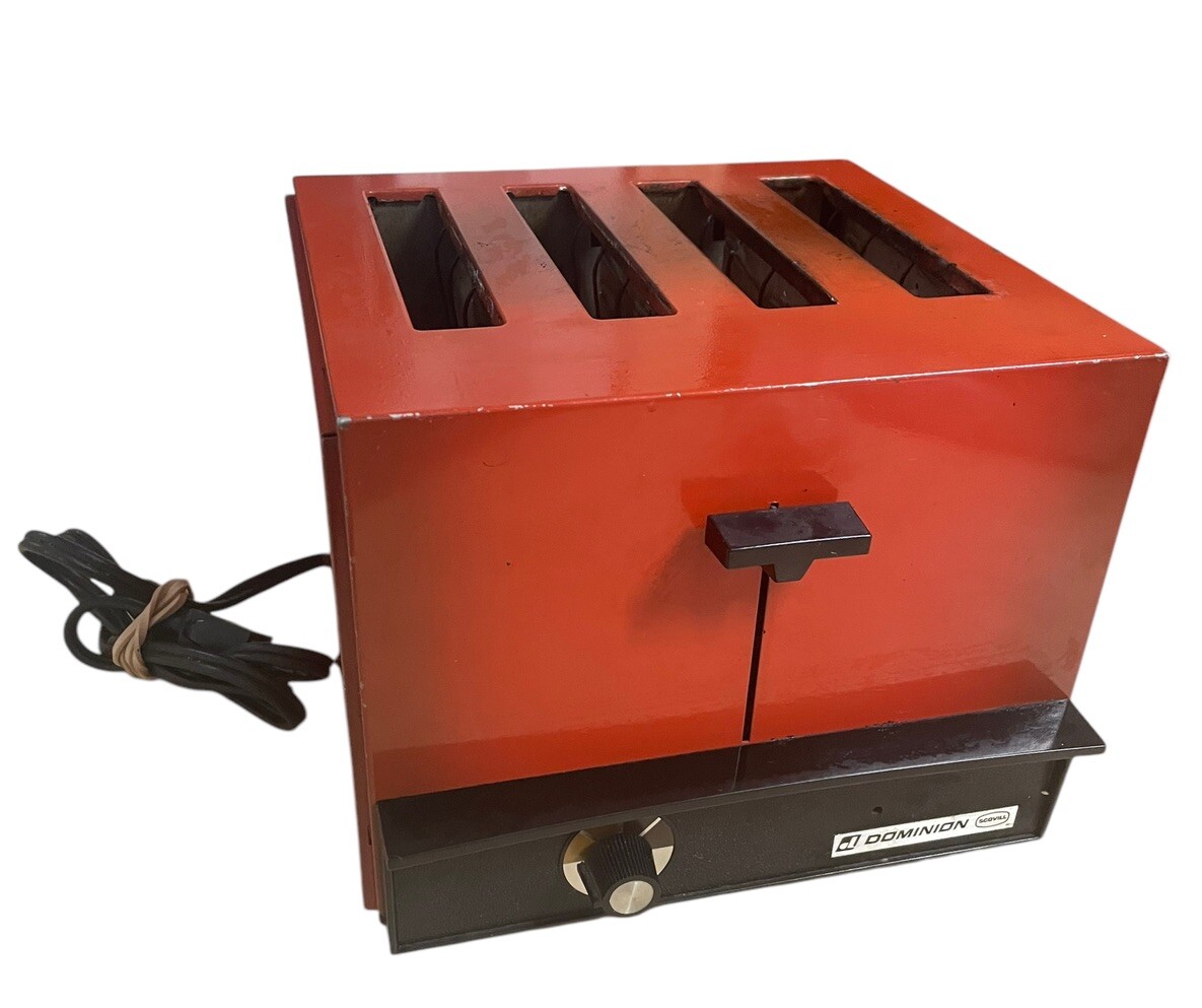 Vintage Mid-Century Orange Metal Toaster Scovill Dominion 4-Slice Rare Working Movie Prop