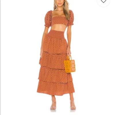 NWT WeWoreWhat Paloma Skirt size L Bran Polka Dot Rust Brown White Revolve  | eBay