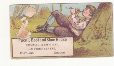 Pacific Boot & Shoe House Cardwell Bennett Portland OR Boy Flute Card c1880s