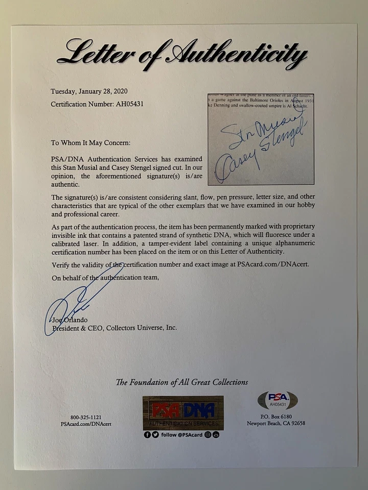 Casey Stengel Stan Musial Signed Autograph Cut PSA DNA j2f1c - Image 2 of 2