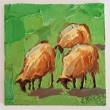 Sheep Painting Original Oil Artwork Landscape Abstract Modern Small Wall Artwork