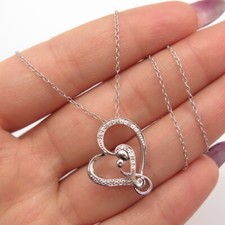 925 Sterling Silver Real White Diamond Heart Rolo Chain Necklace 16"
