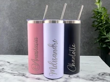 Personalized 20 oz Skinny Tumbler, Laser Engraved Custom Name Tumbler with Straw