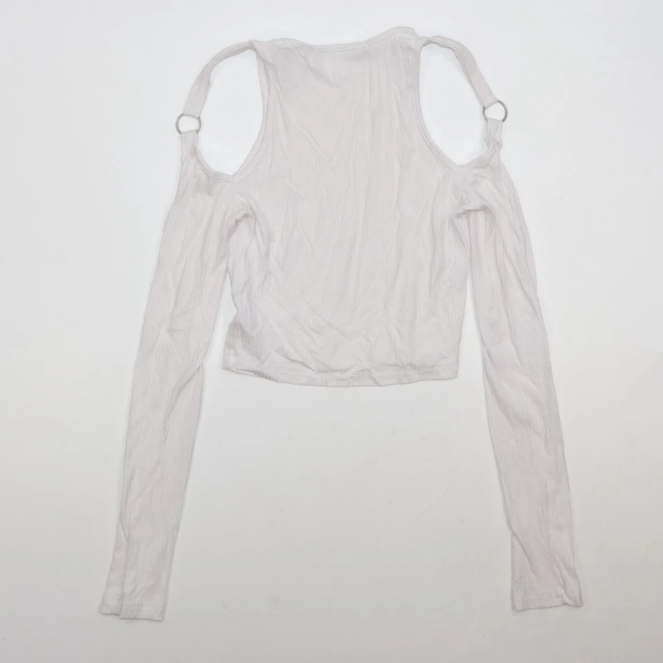 Emma & Sam Women White Studded Long Sleeve Cold Shoulder Top - Size Small - Image 2 of 4
