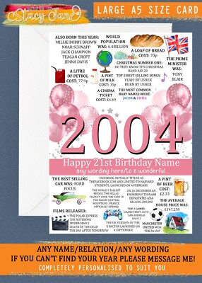 Personalisierte 21. Geburtstag GROSSE A5 KARTE 2003 Frau Geburt Jahr Tochter Freund