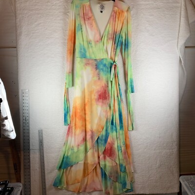 sheer rainbow dress Sage Collective Women Sheer Long Sleeve Tie-Dyed Wrap Maxi Dress Fairy  Rainbow 8
